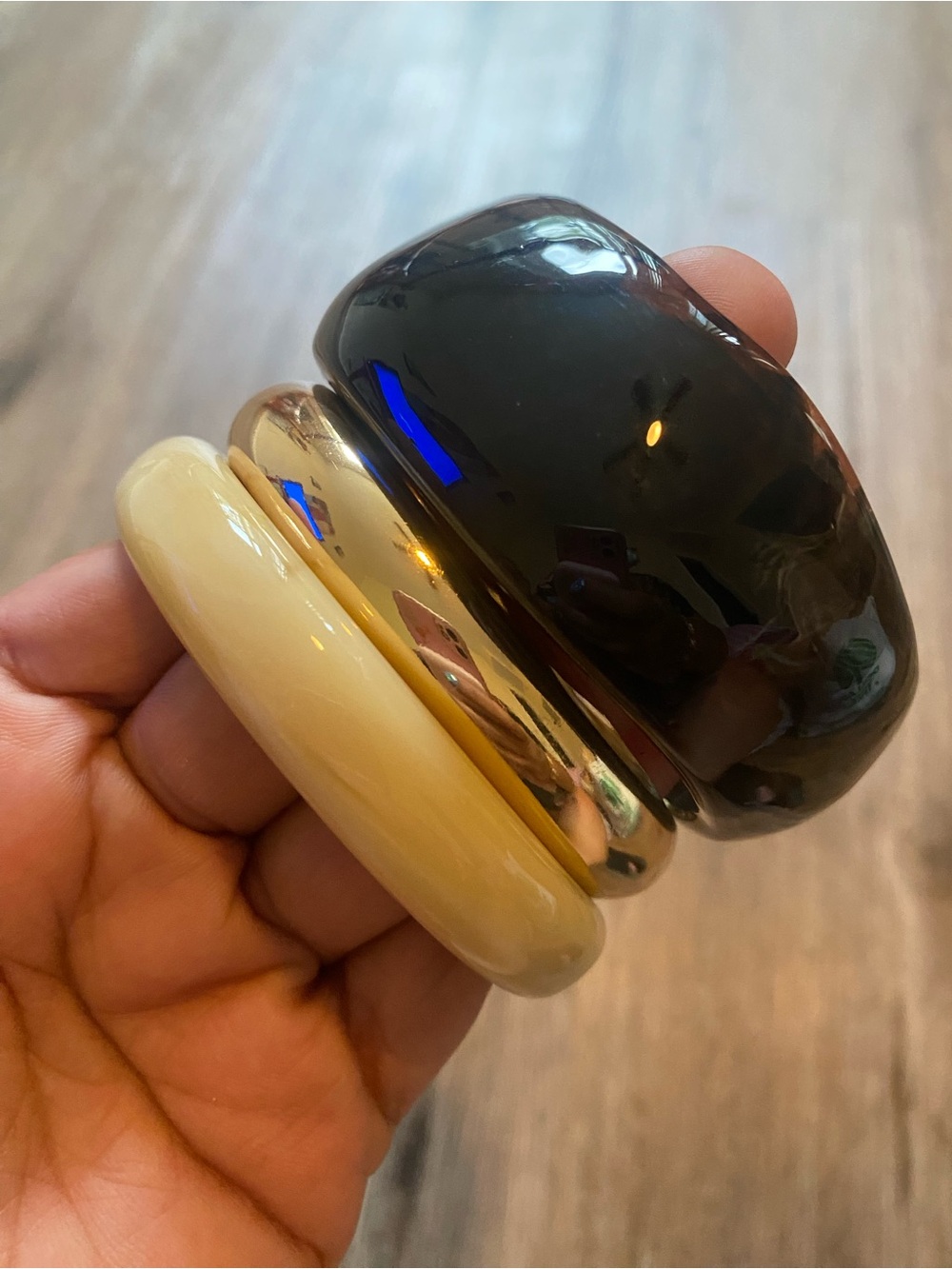 Chunky Acrylic and Metal Bangle Set - Dark Brown, Gold & Cream
